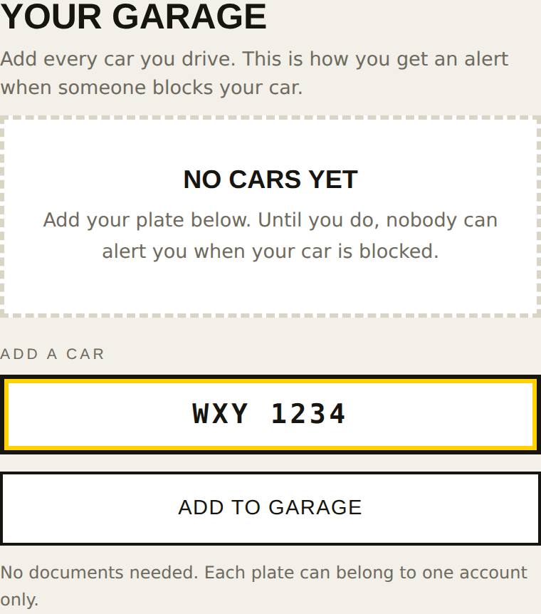 The Garage screen with a plate typed in and the Add to garage button.